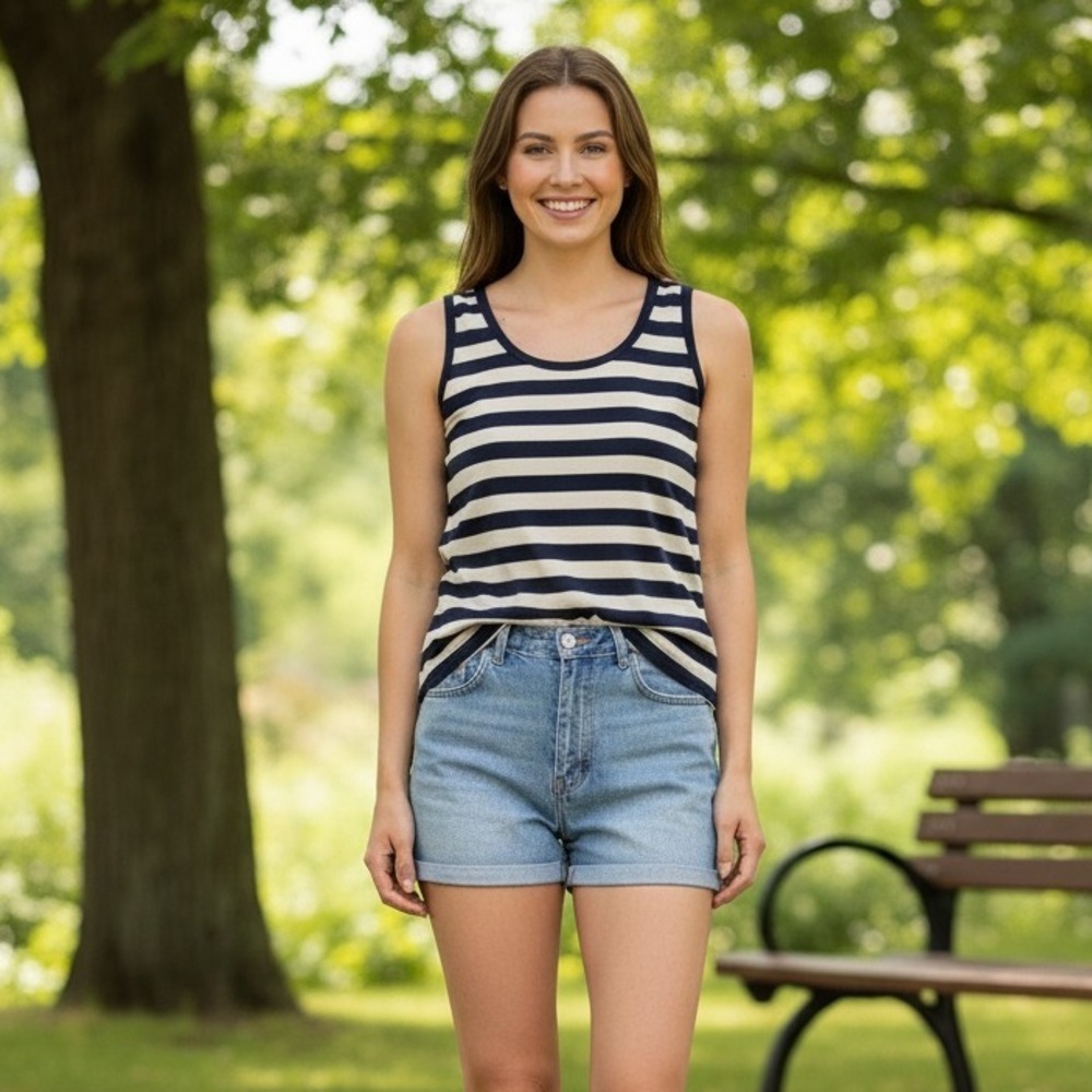 Liz Claiborne Tank Top Womens L‎ Blue & White Striped Petite Tart Tartans Active